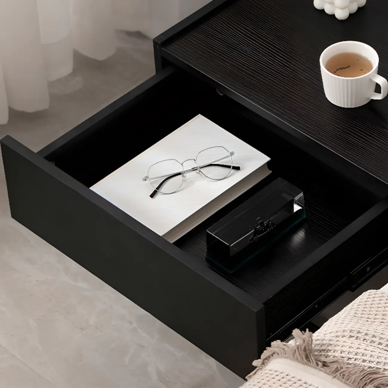 Modern Black Wood Compact Drawer Nightstand