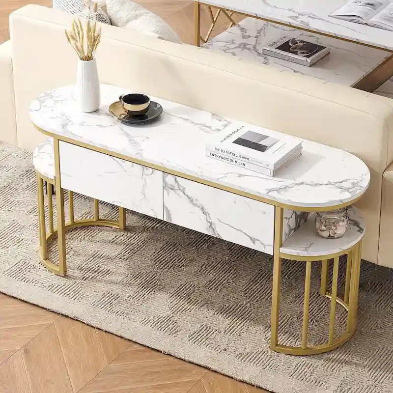 Ivinta White Sofa Table, Modern Faux Marble Top, Console Table with Gold Metal Frame