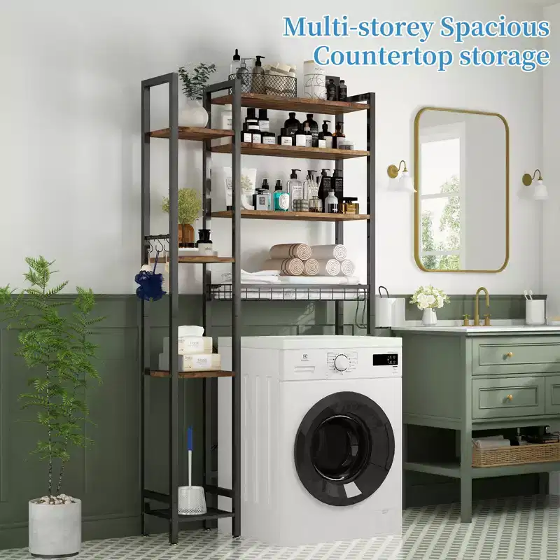 8-Tier Over The Toilet Storage with Side Rack, Over Toilet Storage Rack with Adjustable Shelf & Drain Basket