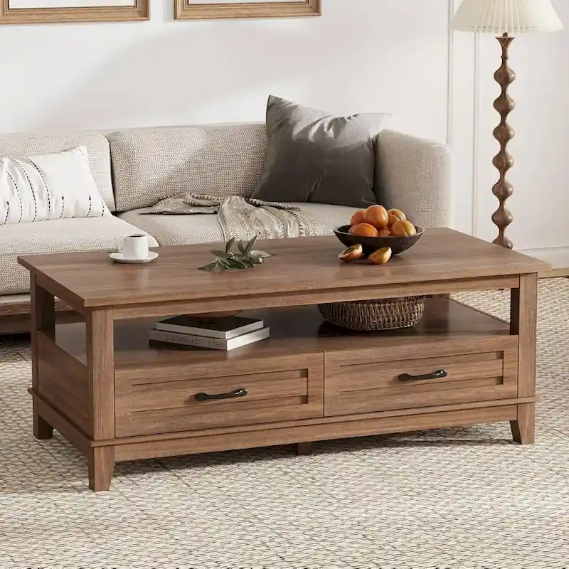 Farmhouse Coffee Table with Drawers and Open Shelf - N/A