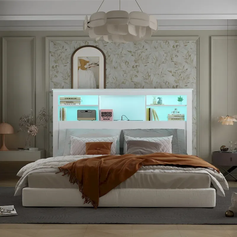 White Bookcase Headboard with RGB LED Lights and Adjustable Shelves – Queen, Single Bed