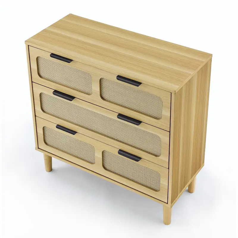 Modern Rattan Dresser Cabinet With Wide Drawers And Metal Handles