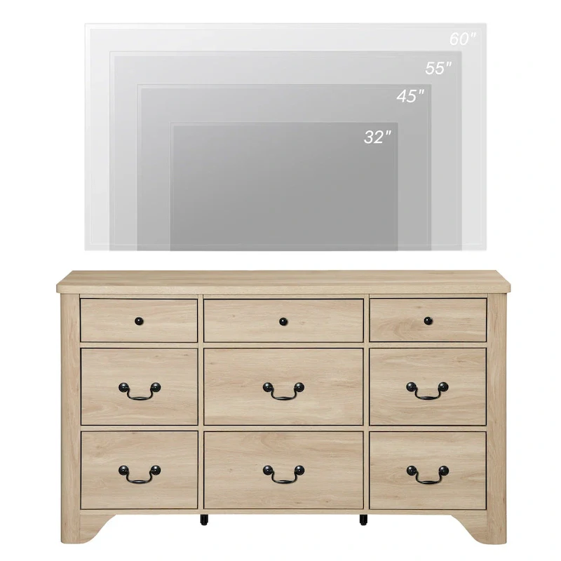 53.5 Wide Farmhouse White Dresser TV Stand with Curved Edge Design and Wide Chests of Drawers