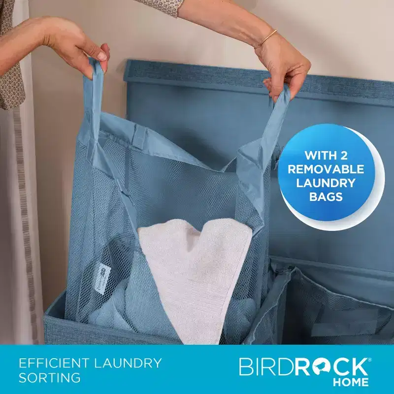 BirdRock Home Double Linen Laundry Hamper with Lid and Removable Liner - Light Blue