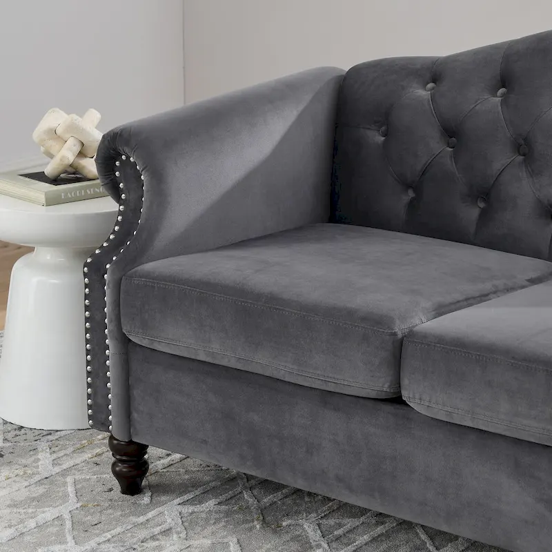 2-Pieces 6-Seat Velvet Chesterfield Sofa Set (Two 3-Seaters) with Tufted Back & Nailhead Trim