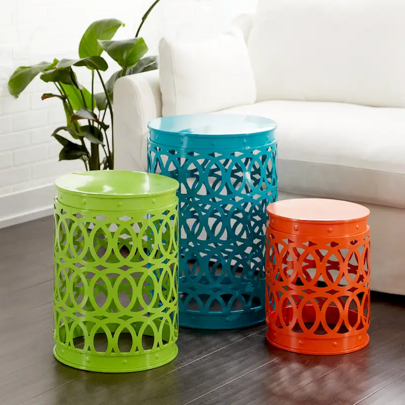 Multi Colored Metal Indoor Outdoor Nesting Accent Table with Carved Design Collection (Set of 3) - S/3 23, 19, 15H