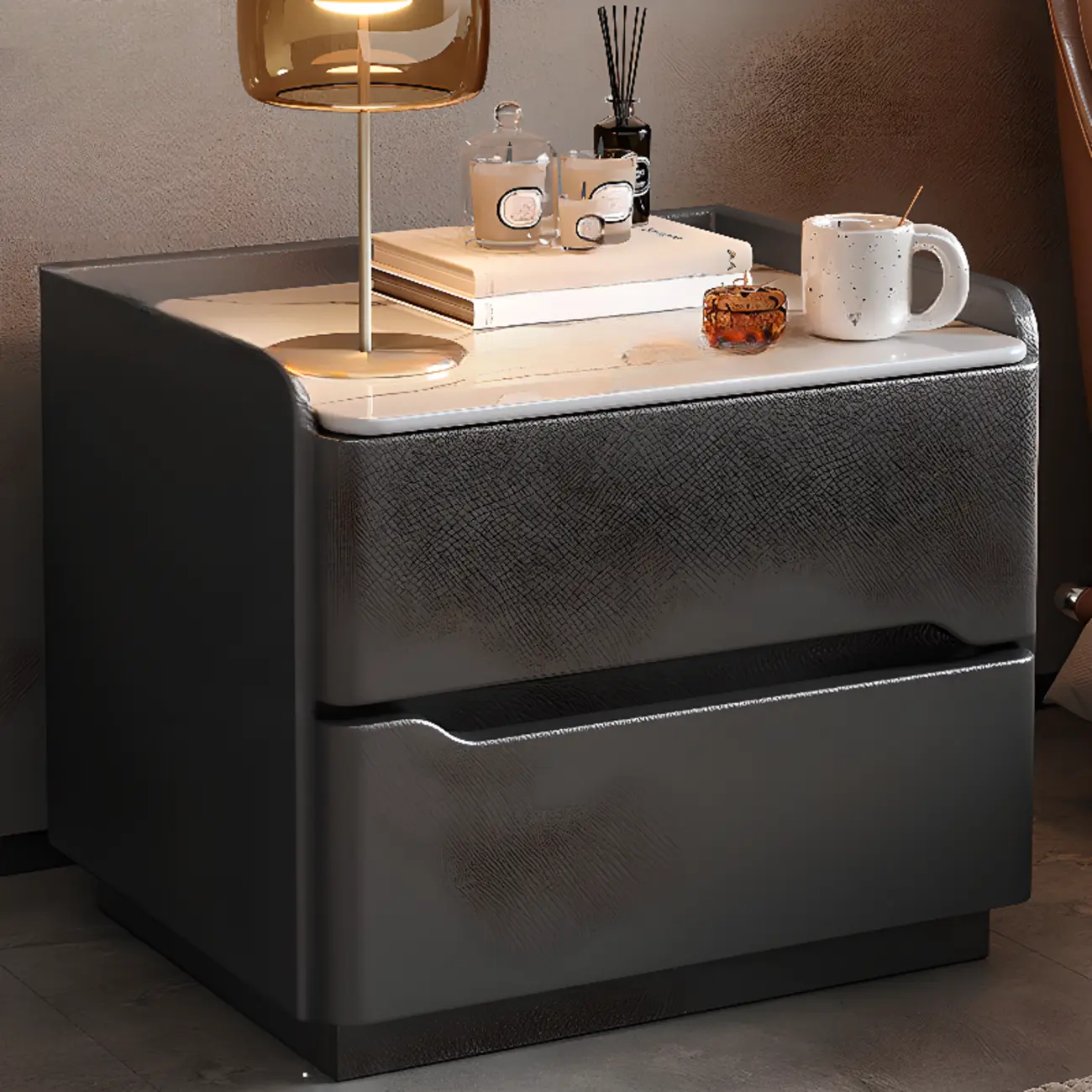 Modern Leather Tray Stone Top 2 Drawers Nightstand