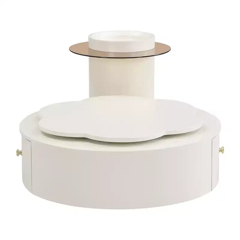 360 Rotatable Coffee Table Round Nesting Coffee Table with Flower Top & 2 Drawers, Accent Table Cocktail Table End Table Side Table-ModernLuxe