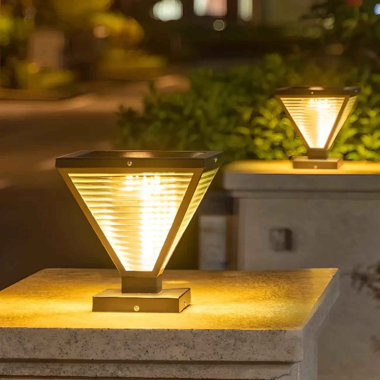 Modern Ribbing Black Pyramid Solar Outdoor Post Lights