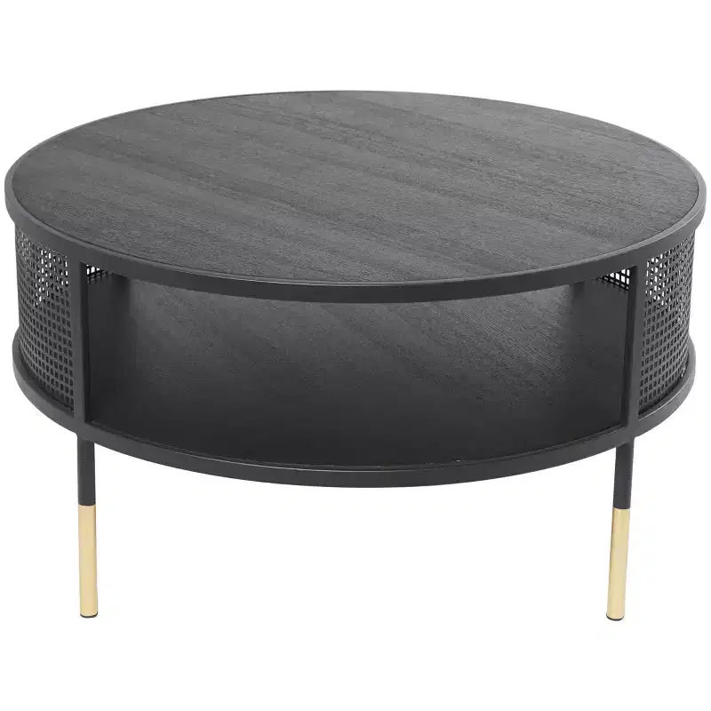 Olivia & May Metal Open Grid Frame 1 Shelf Coffee Table with Gold Legs Black: Modern Drum Style, No Assembly Required