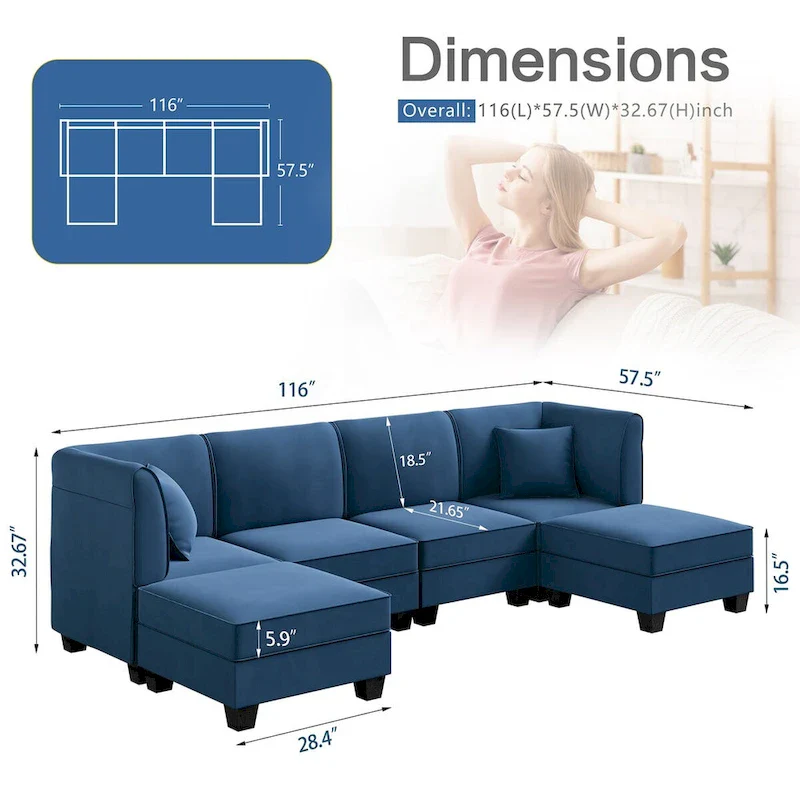 Futzca Sectional Couch Modular Sofa, 116 Velvet L-Shaped Couch Sofa