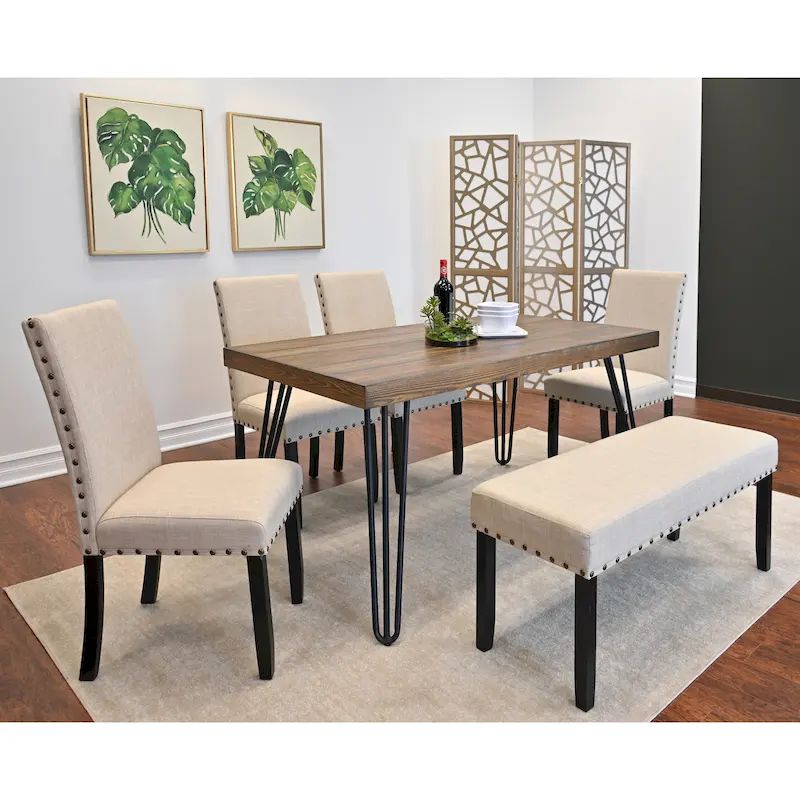 Mid-Century Modern Rectangular Dining Table with Brass Nailhead Chairs and Metallic Hairpin Legs for Kitchen Living Room