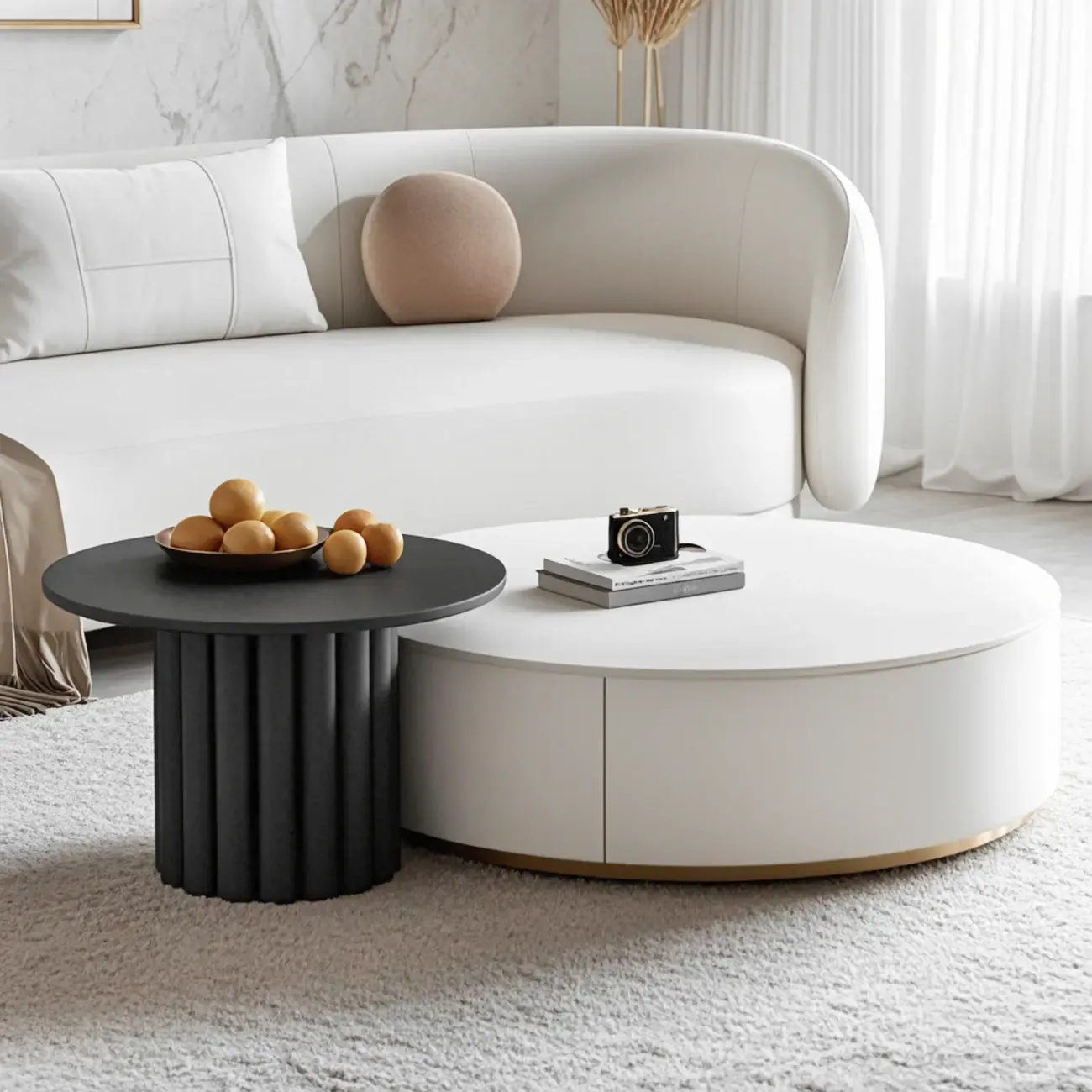 Black White Modern Stylish Round Wood Drawer Coffee Table