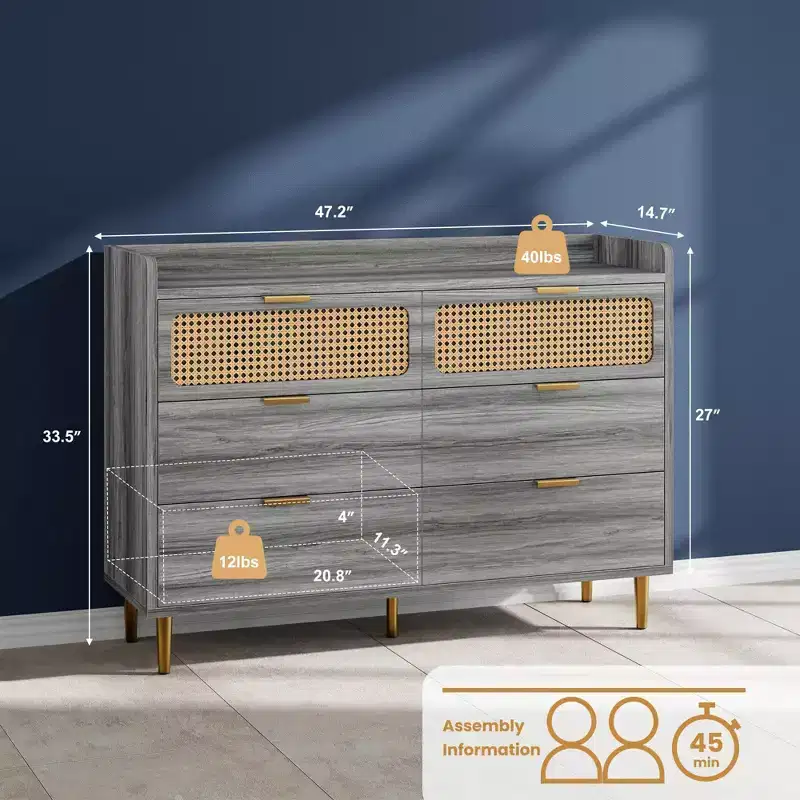 TROPOW Dresser TV Stand with Railed Edge, 6 Drawer Double Dresser, Mid Century Modern Gold Closet Dresser with High Legs, Rattan Design, Large