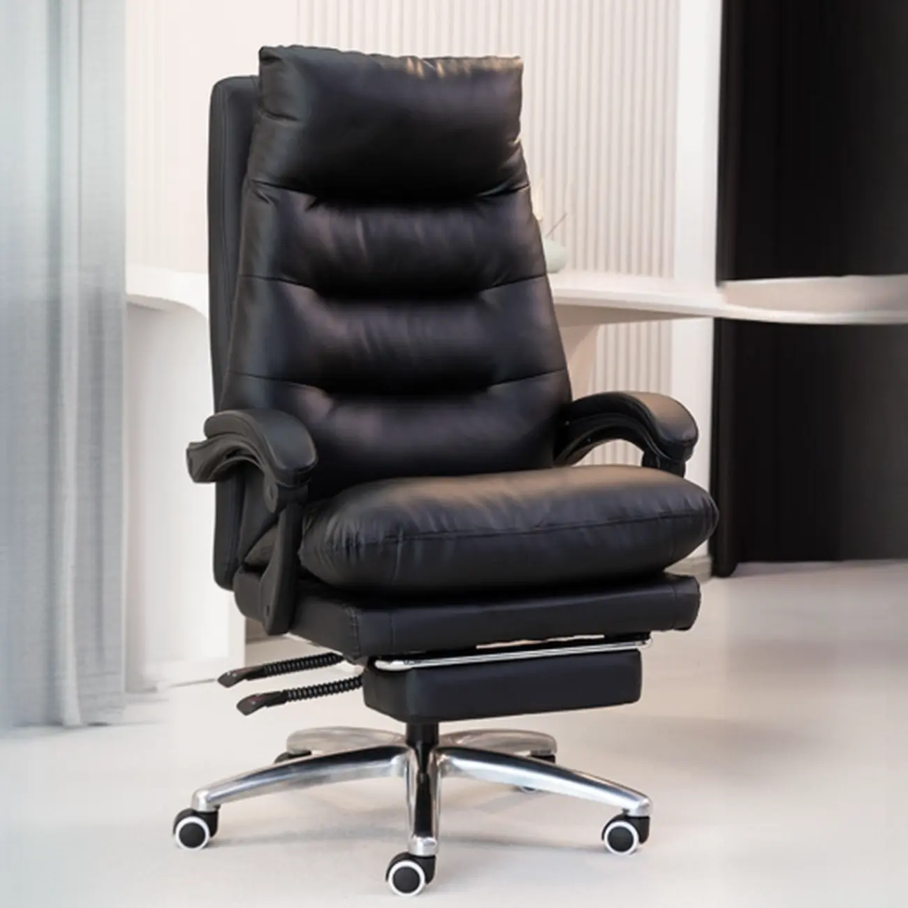 Ergonomic Black Leather Adjustable Office Chair with Wheels