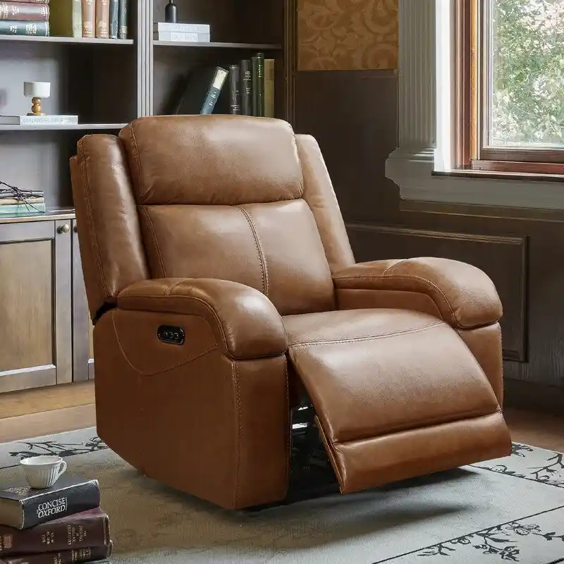 Brown Leather Power Recliner with Headrest - Single Seat