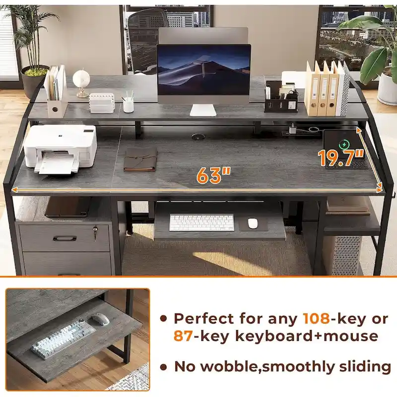 LED Computer Desk With Lock Drawers Keyboard Tray Power Outlet