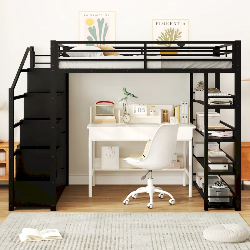 Full Size Metal Loft Bed with Storage Shelves, Cabinets and Wardrobe Metal Support Bed Frame for Kids, No Box Spring Needed