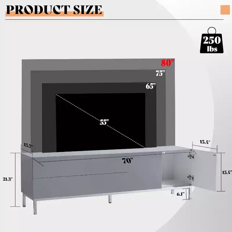 White High Gloss Modern TV Stand with RGB LED, Fits Up to 80