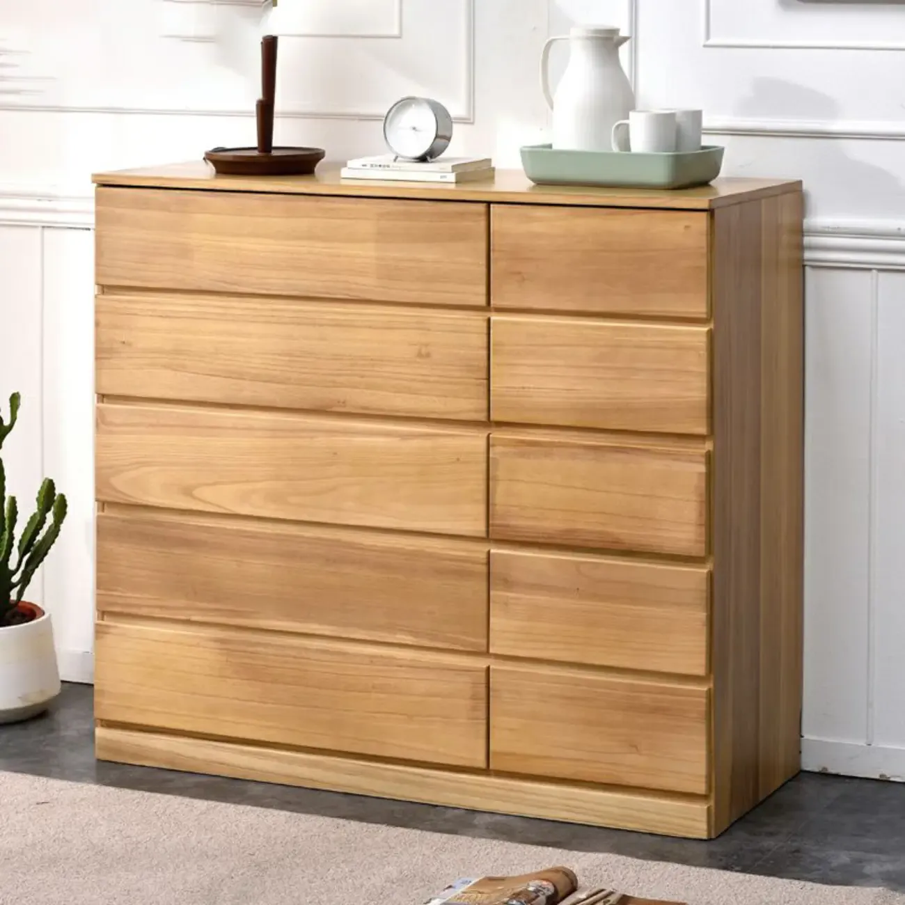 Modern Natural Wooden Double Dresser with 5-Drawers
