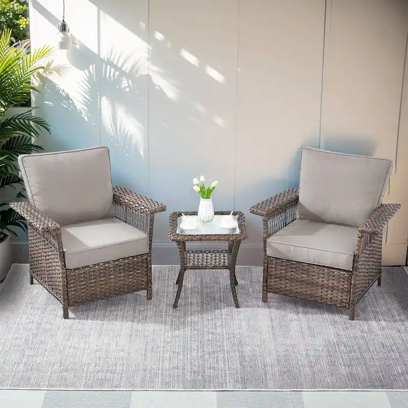 3 Pieces Patio Set Outdoor Wicker Furniture Sets - Brown