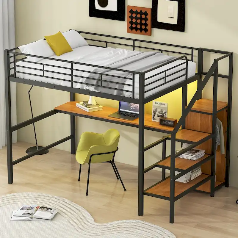Full Size Metal Loft Bed with Desk & Small Wardrobe, Space-Saving LED Loft Bed Heavy Duty Bed Frame with Storage Staircase