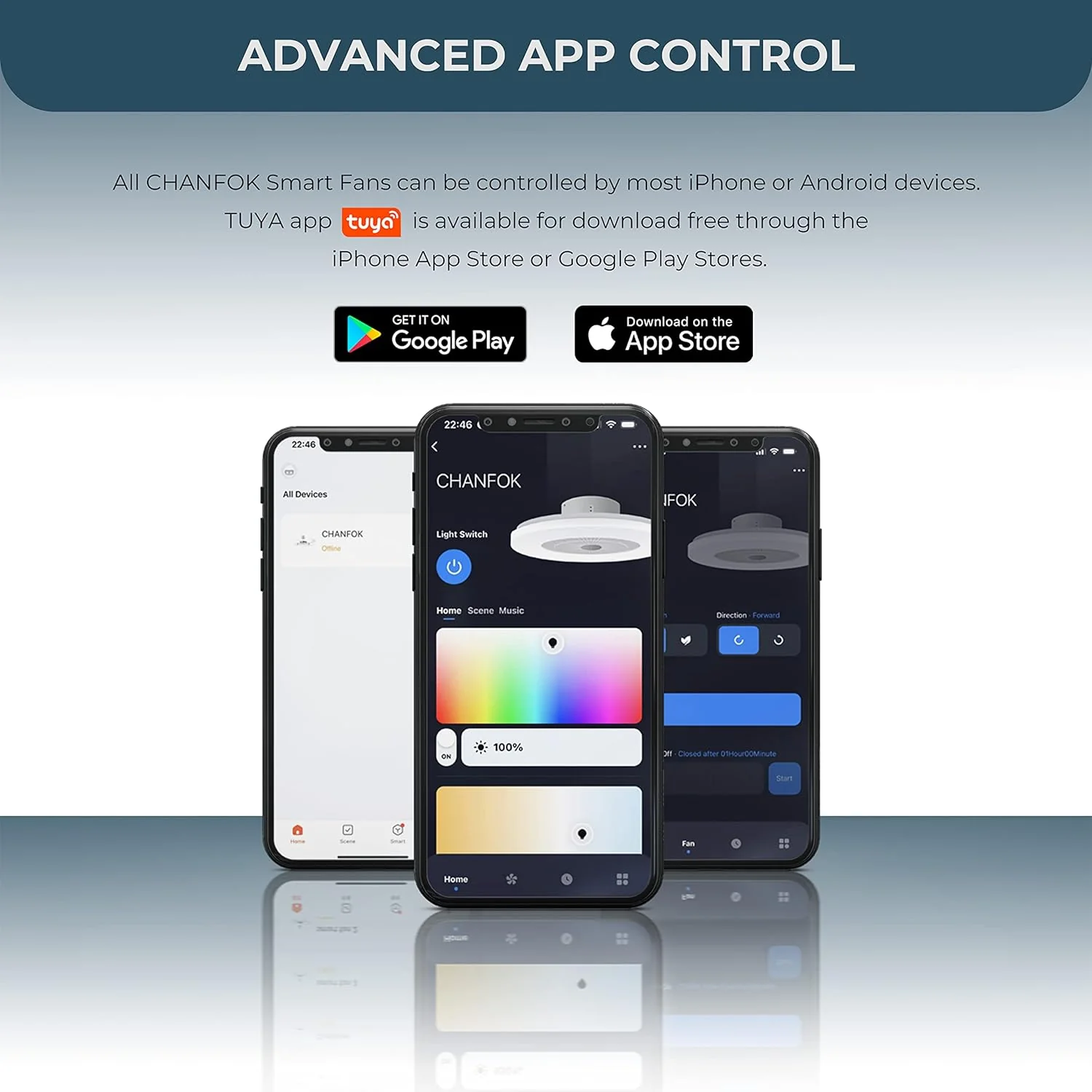 Low-profile smart ceiling fan with lights, APP control, remote compatibility, 6-speed reversible blade