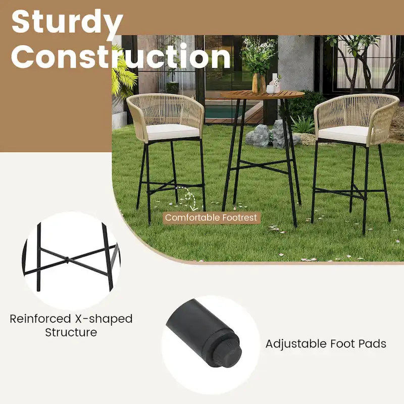 Costway 3 PCS Rope Woven Patio Bar Set with Soft Cushions and Acacia - See Details