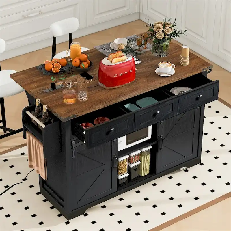 Kitchen Island with Power Outlet and Drop Leaf tabletop