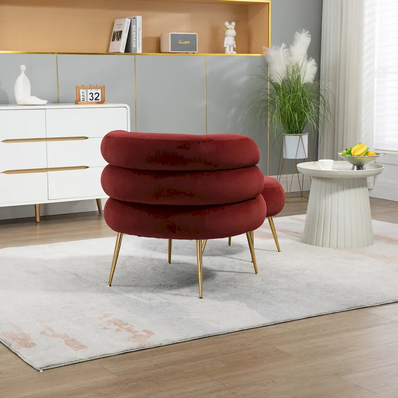Wine Red Upholstered Barrel Chair with Ottoman and Metal Legs