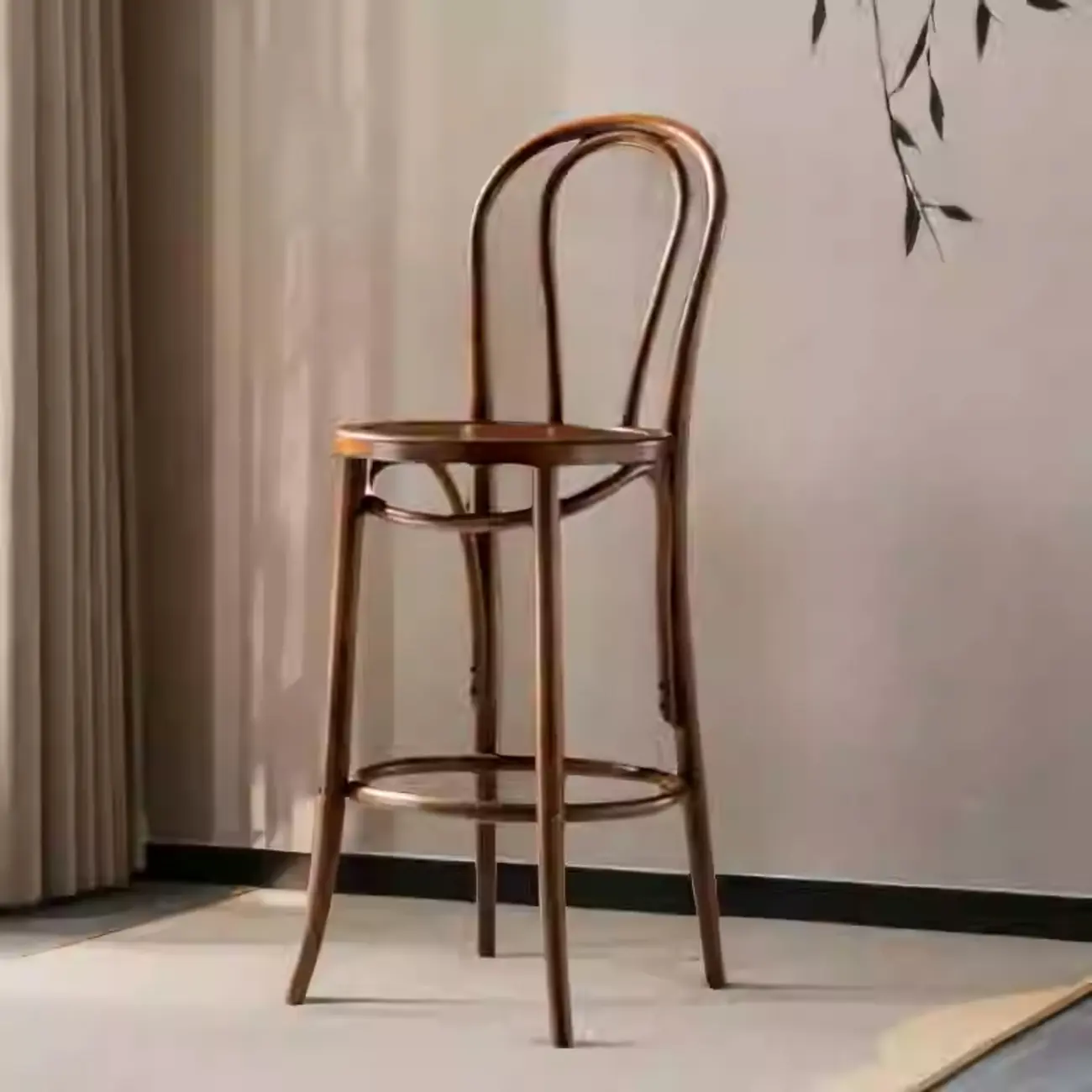 Walnut Beech Wood Leather Seat Bar Stools with Back