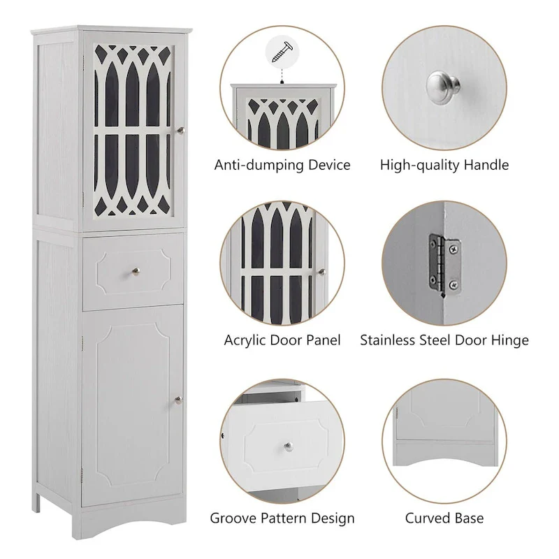 64 Tall Freestanding Bathroom Cabinet with Drawer and Adjustable Shelf