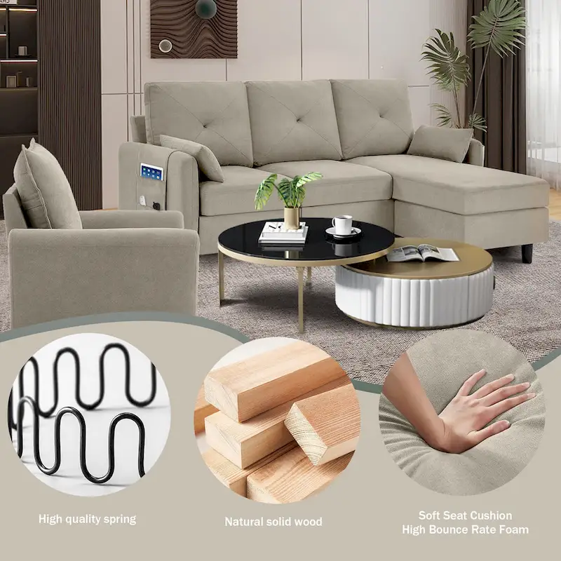 3-Pieces Sectional Sofa Set with Ottoman and Chair