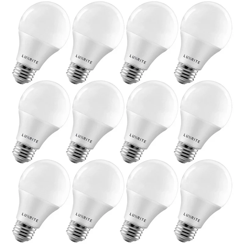 Luxrite A19 LED Light Bulb 60W Equivalent 3500K 800 Lumens Dimmable 9W Enclosed Fixture Rated E26 Base 12 Pack