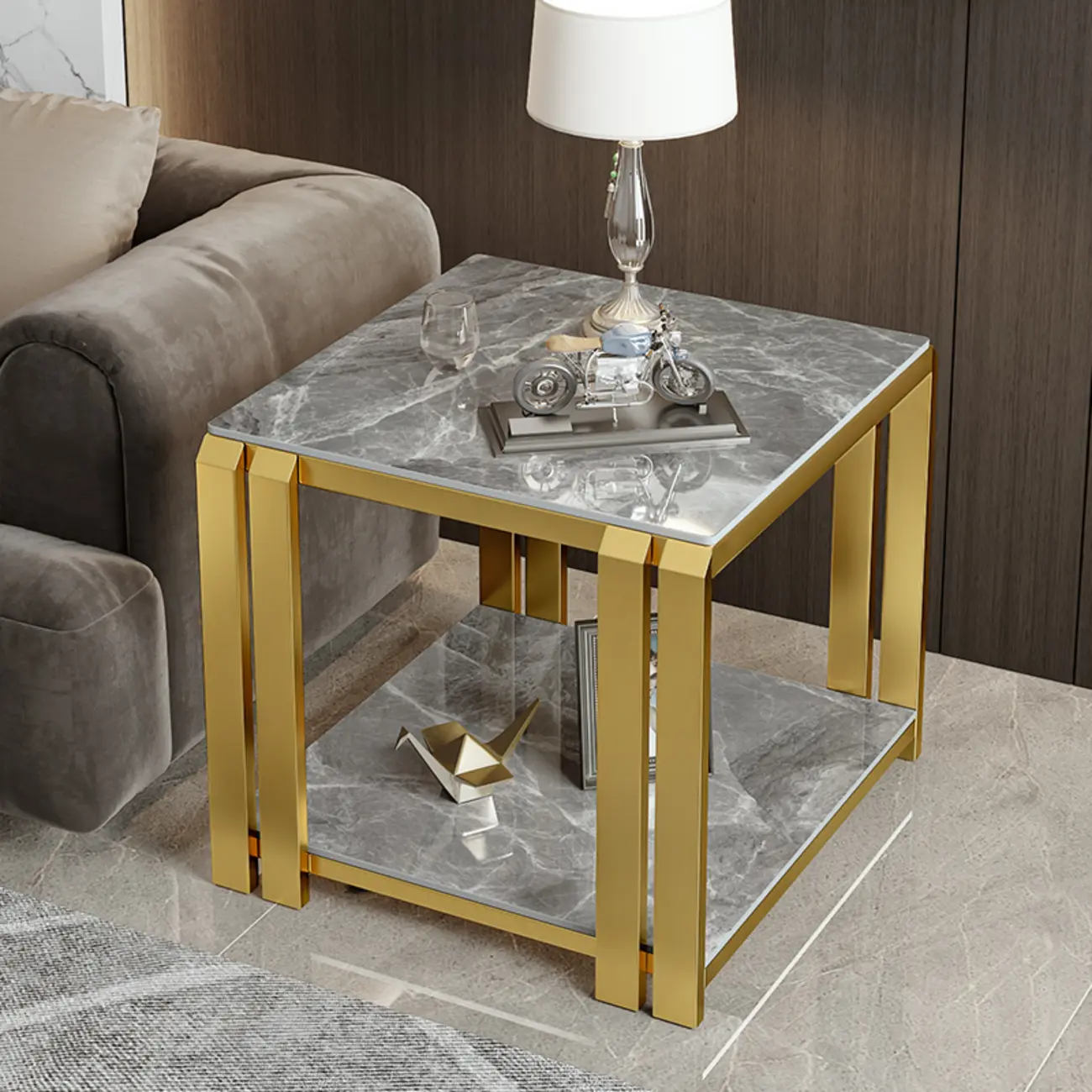 Gold-Black 2-Tier Stone Top Square Metal Frame Side Table