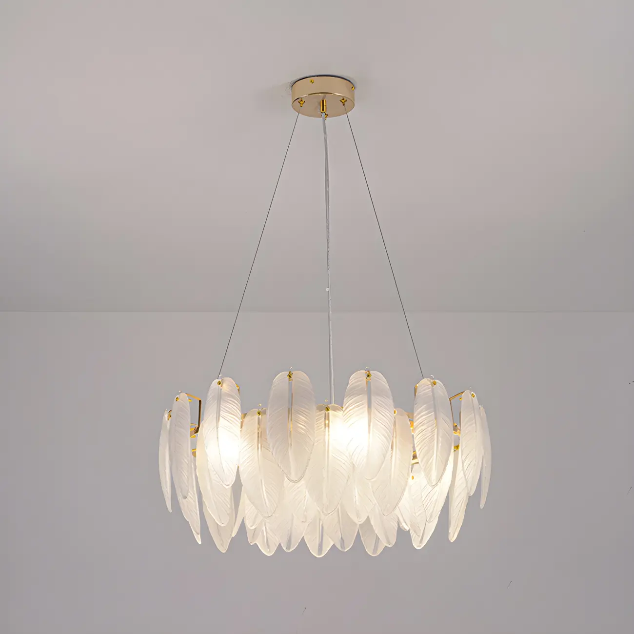 Elegant White Glass Feather Round Chandelier
