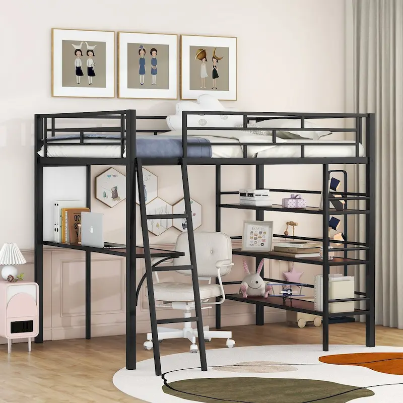 Full Size Loft Metal Bed with 3 Layers of Shelves and Desk, Stylish Metal Frame Bed with Whiteboard