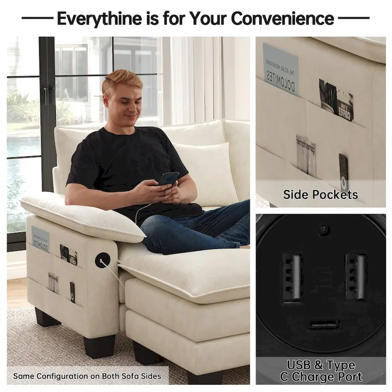 144 Modular Compression Sofa Set Convertible Sectional Sleeper Couch with 2 Ottomans