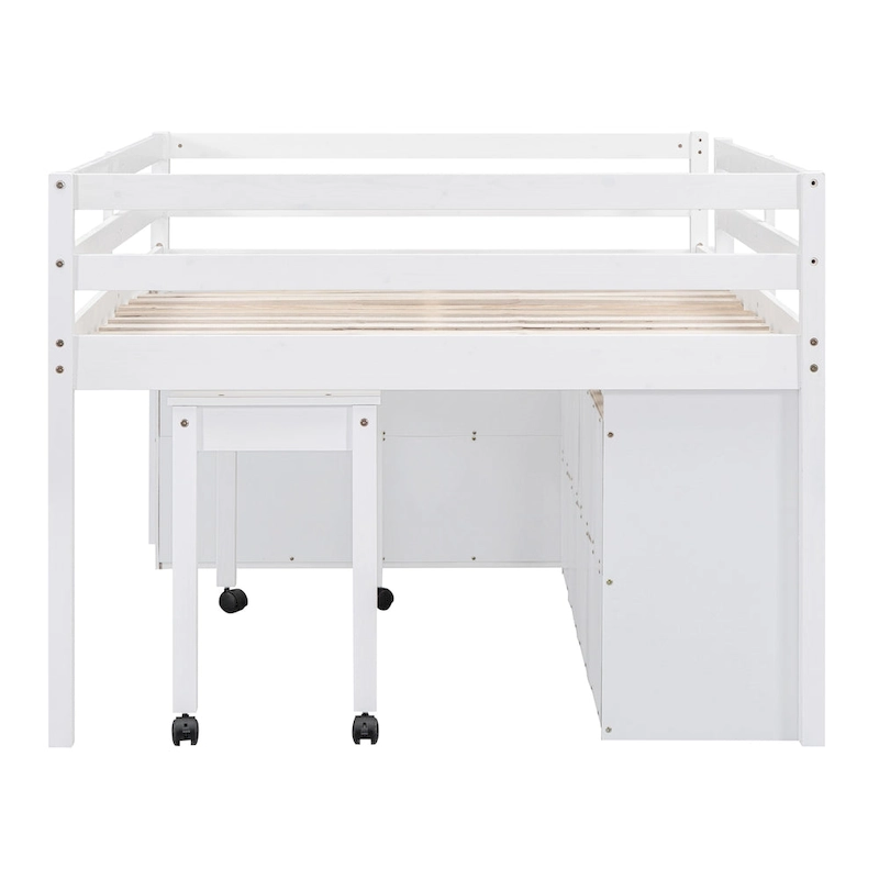 White Full Size Solid Wood Loft Bed with Retractable Desk and Drawers