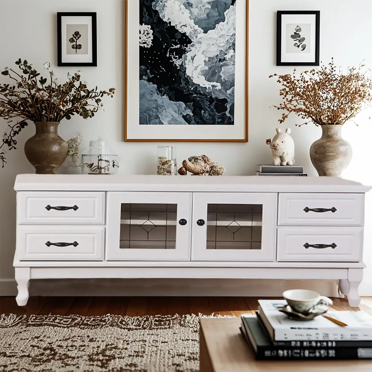 French country White Wood Rectangle TV Stand with Storage