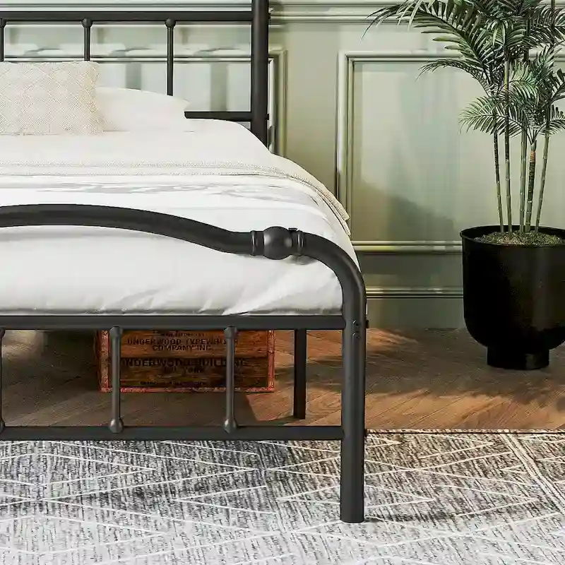 Heavy Duty Anti-Sway 18 Inch High Steel Tube Iron Bed, Double Wave Headboard And Footboard