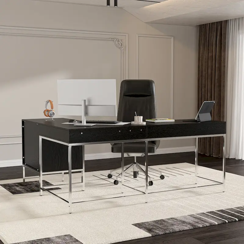 L-Shaped Black Wood Grain Office Desk with Drawers,Steel Frame,  Executive Workstation