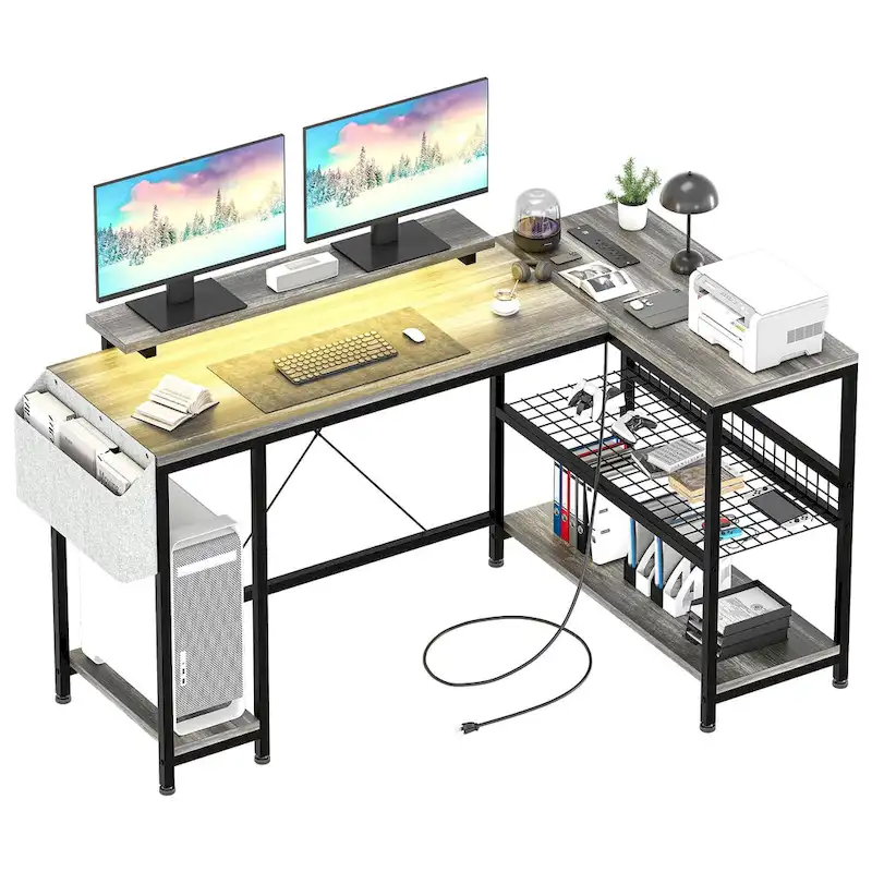 Modern L Shaped Computer Desk with Power Outlets & LED Light