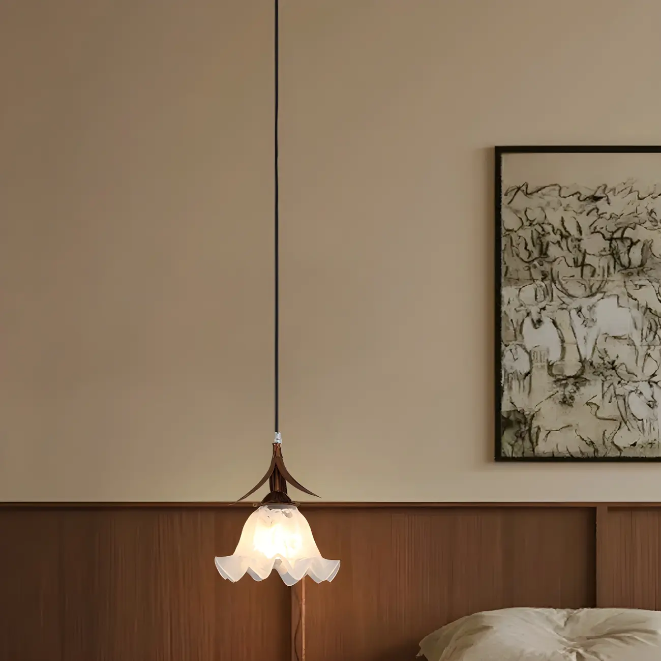 Modern White Glass Flower LED Bedside Pendant Lamp