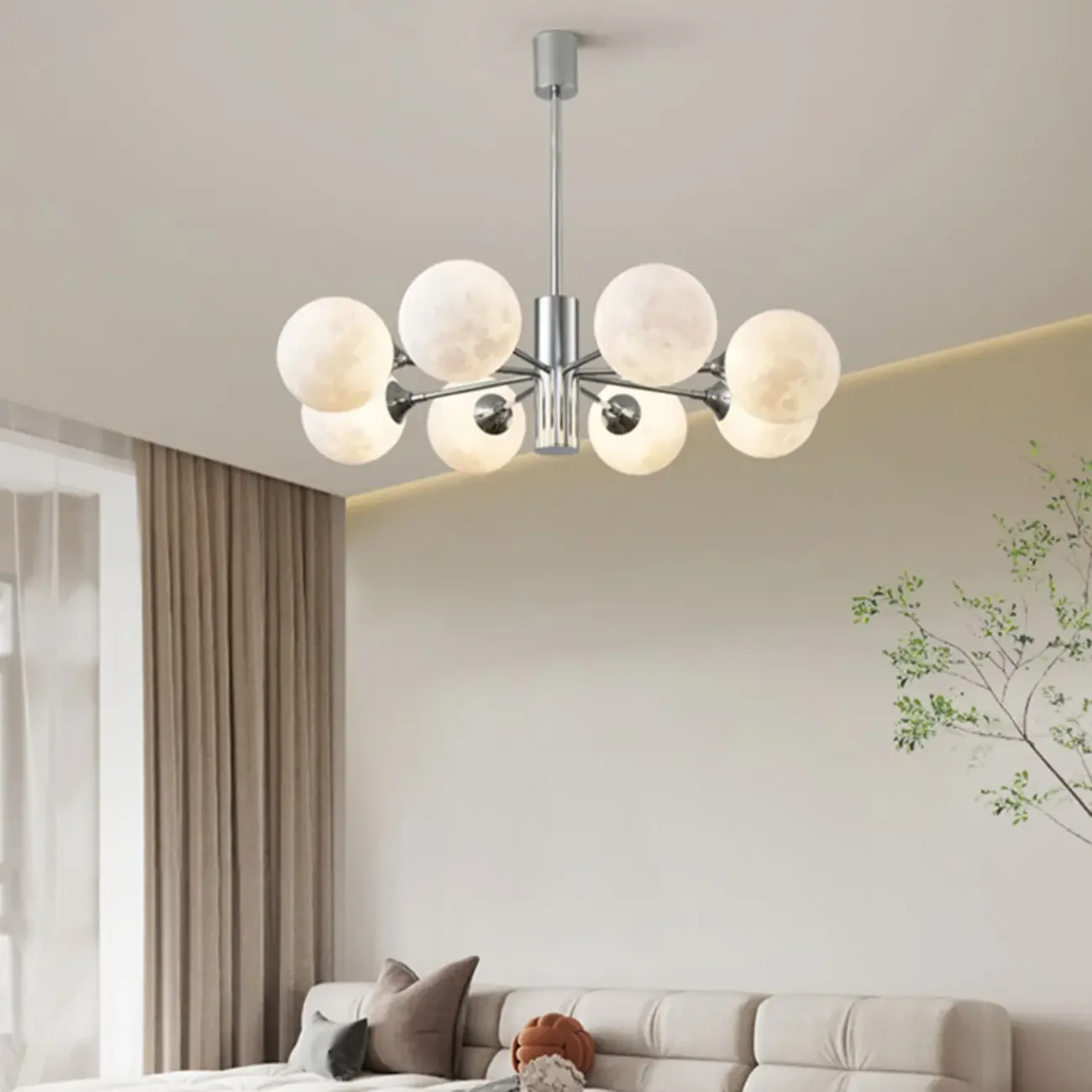 Modern Chrome Sputnik Chandelier with Globe Lampshade