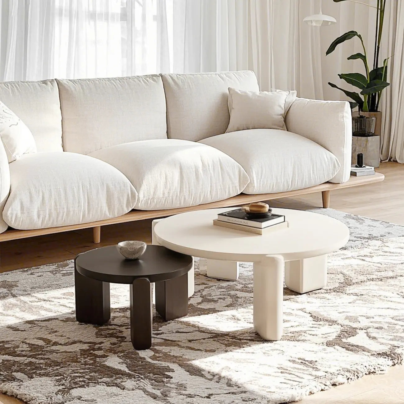 Black White Triple Leg Round Wood Coffee Table