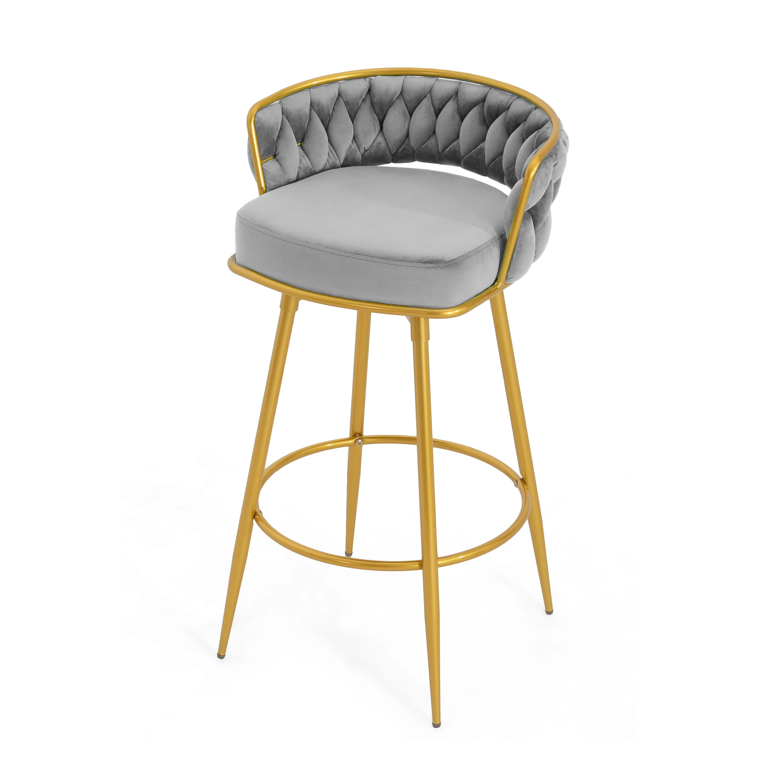 Set of 2 Velvet Swivel Bar Stools 180¡ã Gold Frame w/ Woven Back & Footrest
