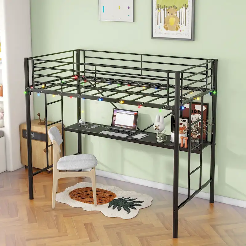 Black Twin Metal Loft Bed with Desk & LED Light
