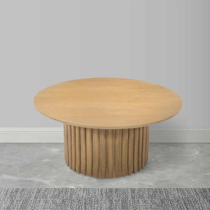 Sejo Coffee Table, 34 Inch Round Top with Fluted Base in Natural Brown Mango Wood
