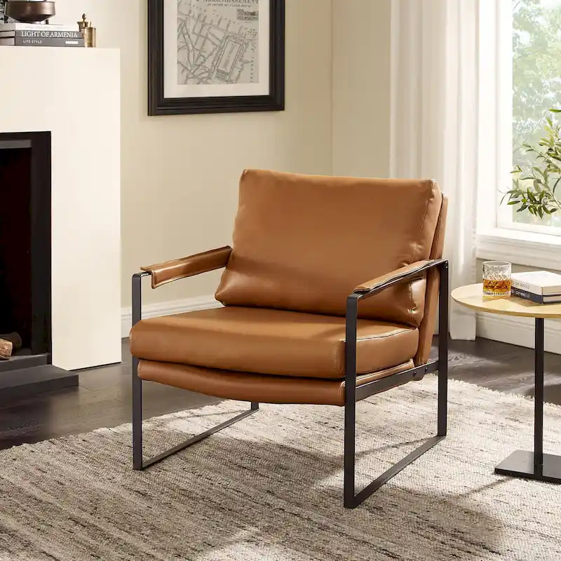 Mid-Century Leather Accent Chair, Brown/Khaki, Metal Frame, Seats 1